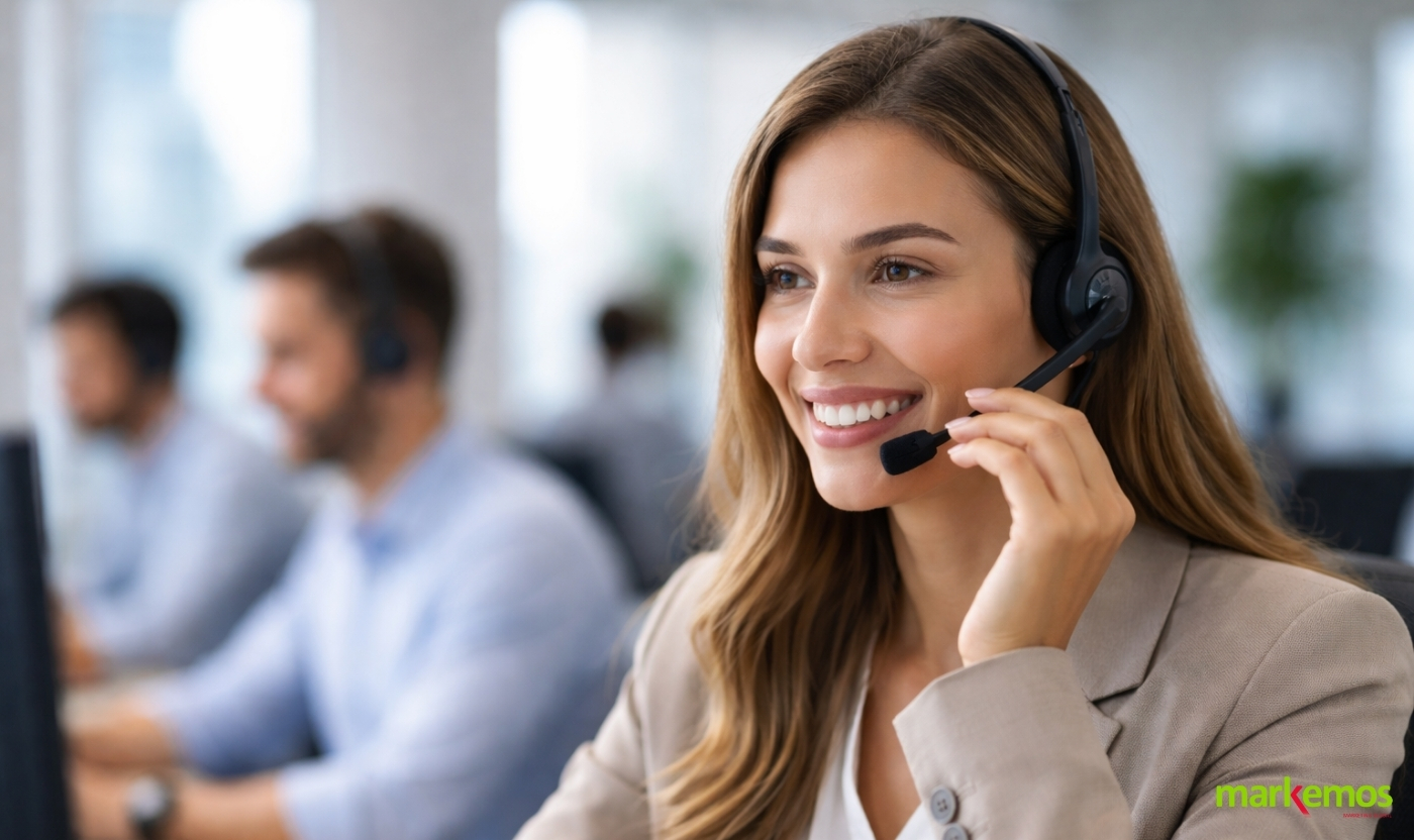 Agente de contact center atendiendo a un cliente con auriculares en un entorno moderno y profesional, enfocada en la interacción con clientes finales.