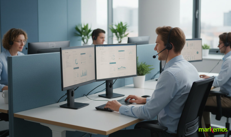 Vista de un contact center con varios agentes atendiendo llamadas, mostrando cómo la venta cruzada se gestiona de manera profesional y coordinada.