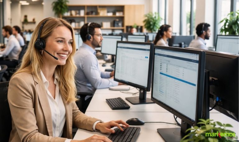 eleoperadora sonriente en un contact center, representando servicios de outsourcing.
