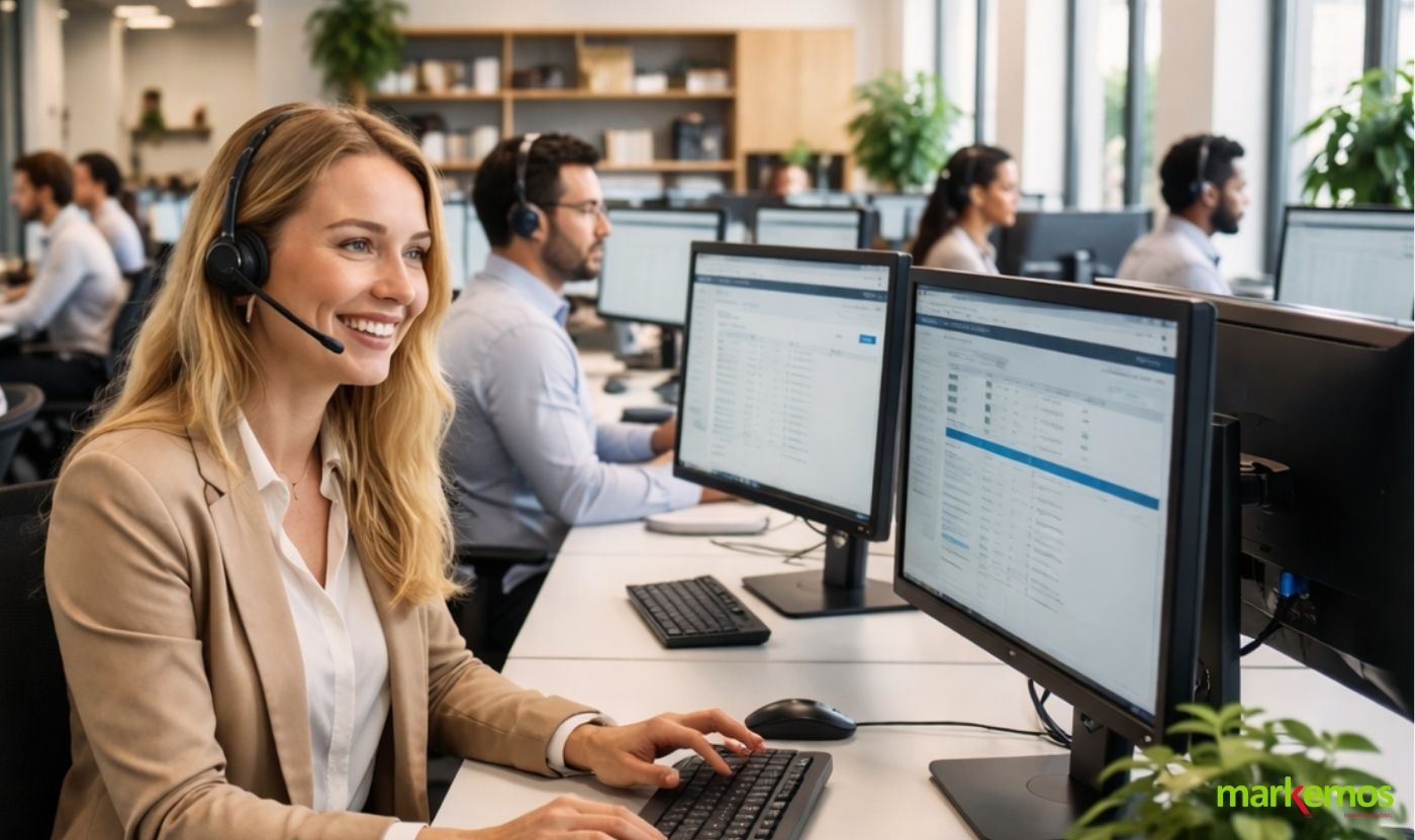 eleoperadora sonriente en un contact center, representando servicios de outsourcing.