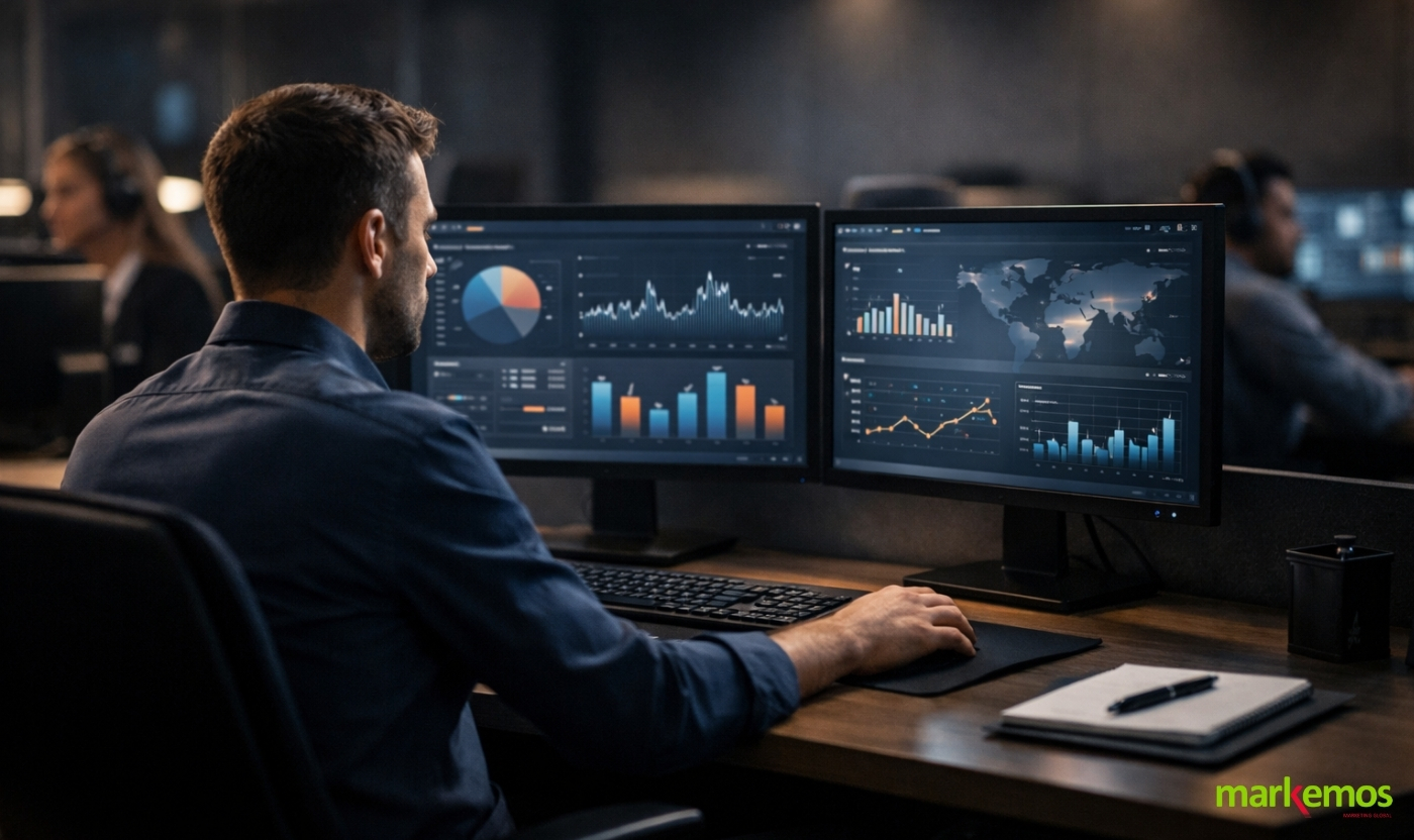 Profesional de atención telefónica en contact center gestionando la continuidad operativa mediante tecnología y datos.