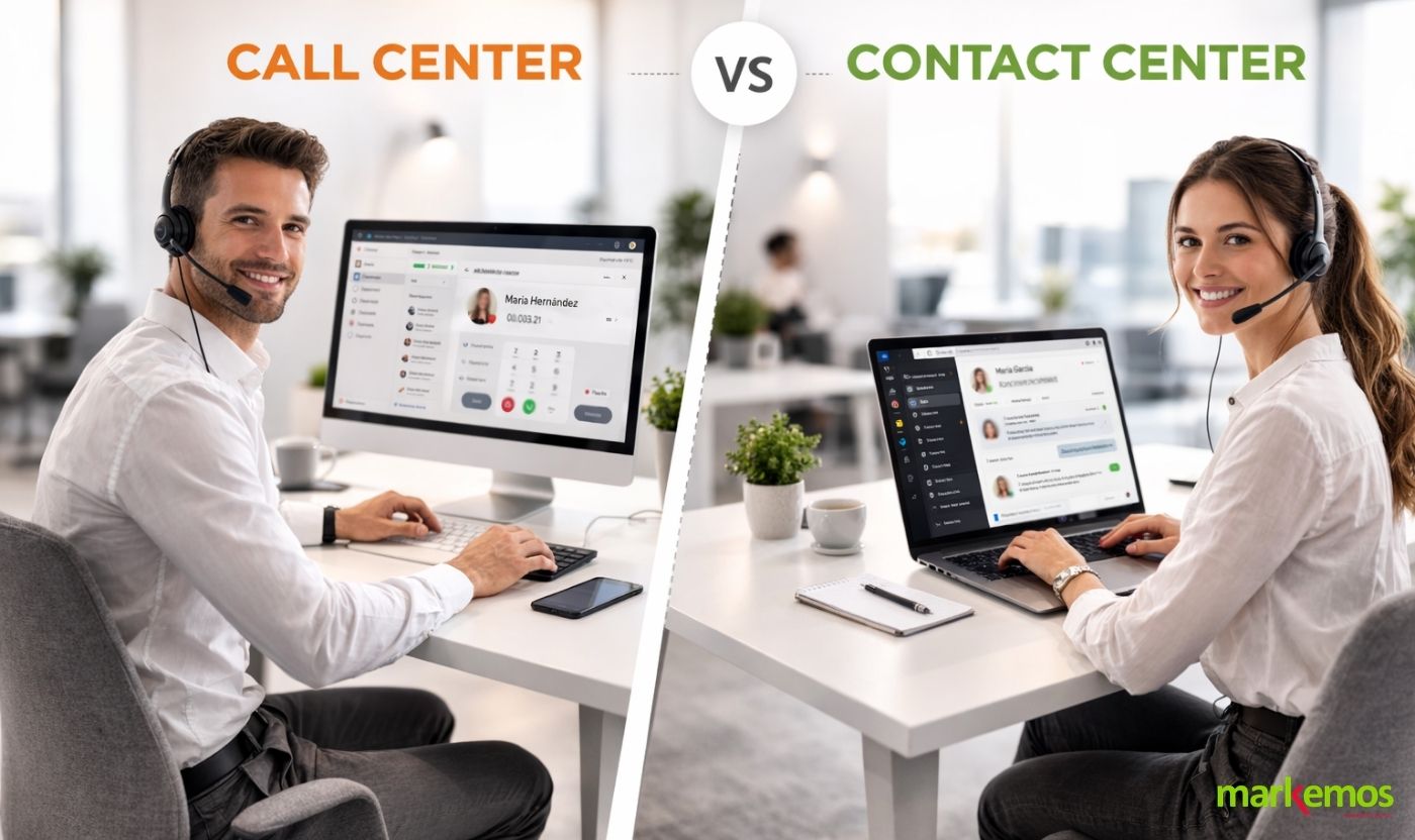Comparativa visual entre call center y contact center con agentes profesionales trabajando con software de atención al cliente en oficina moderna