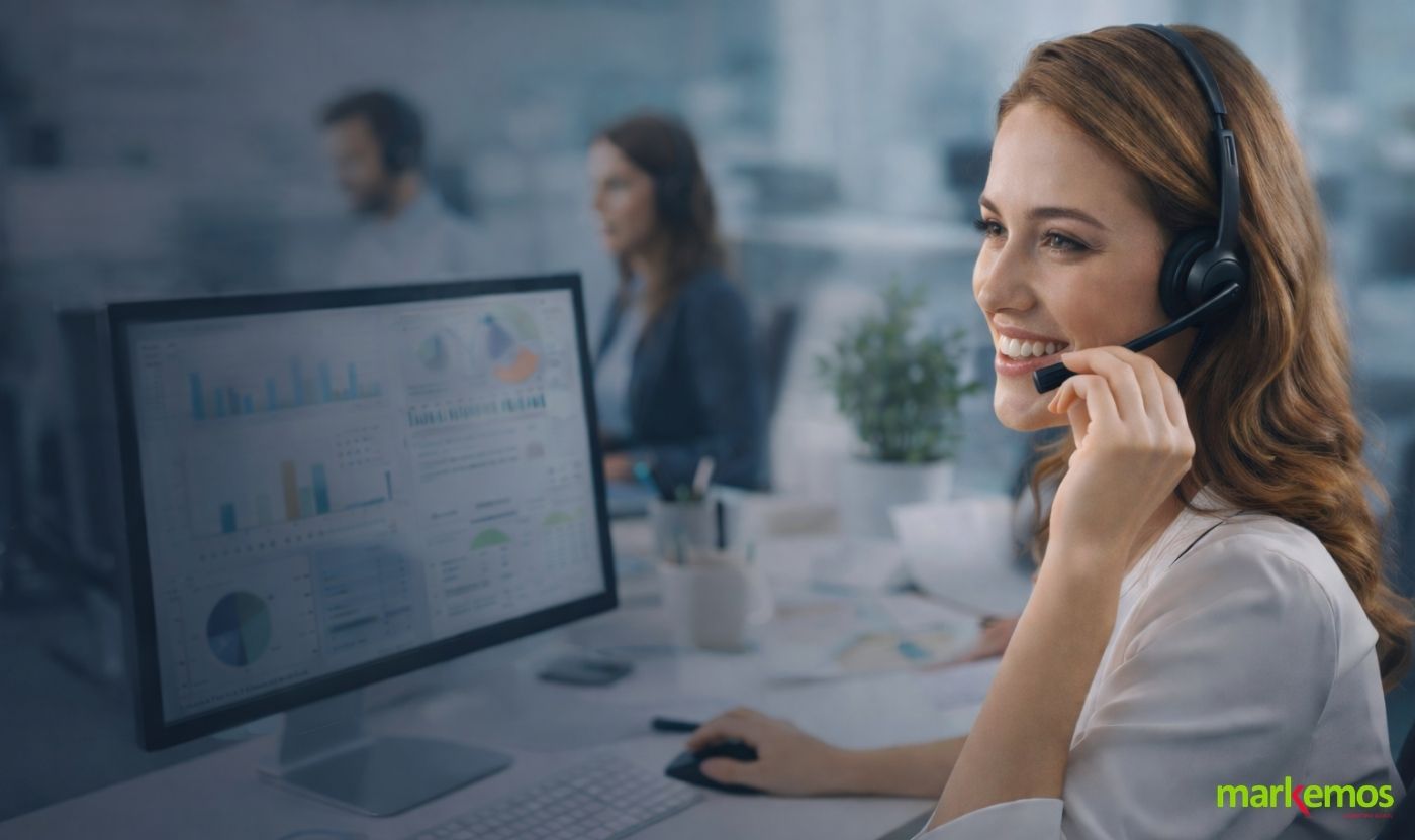 Agente de contact center realizando una encuesta telefónica para un estudio de mercado