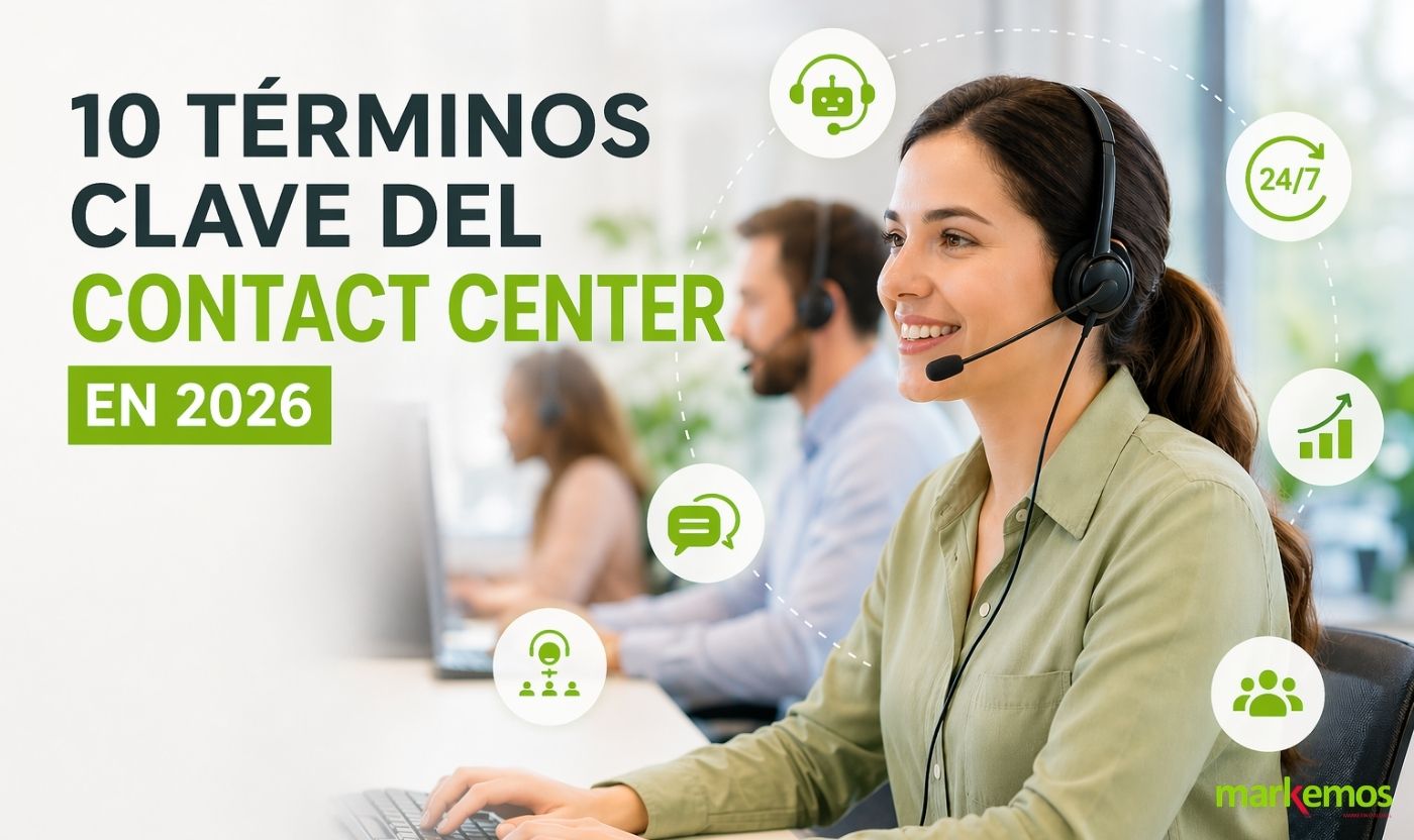 Términos clave del contact center en 2026 con agente atendiendo llamada y elementos de inteligencia artificial.