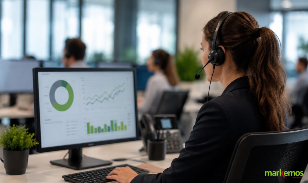 Agente de contact center trabajando frente a un ordenador con gráficos y métricas de rendimiento en pantalla.