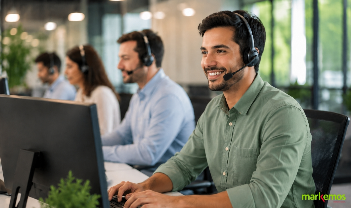Agente de contact center con auriculares atendiendo a un cliente en una oficina moderna.