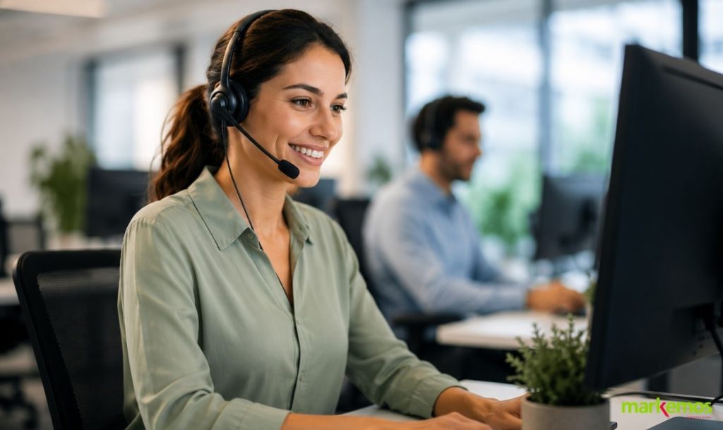 Agente de atención al cliente trabajando con auriculares en una oficina moderna de contact center.