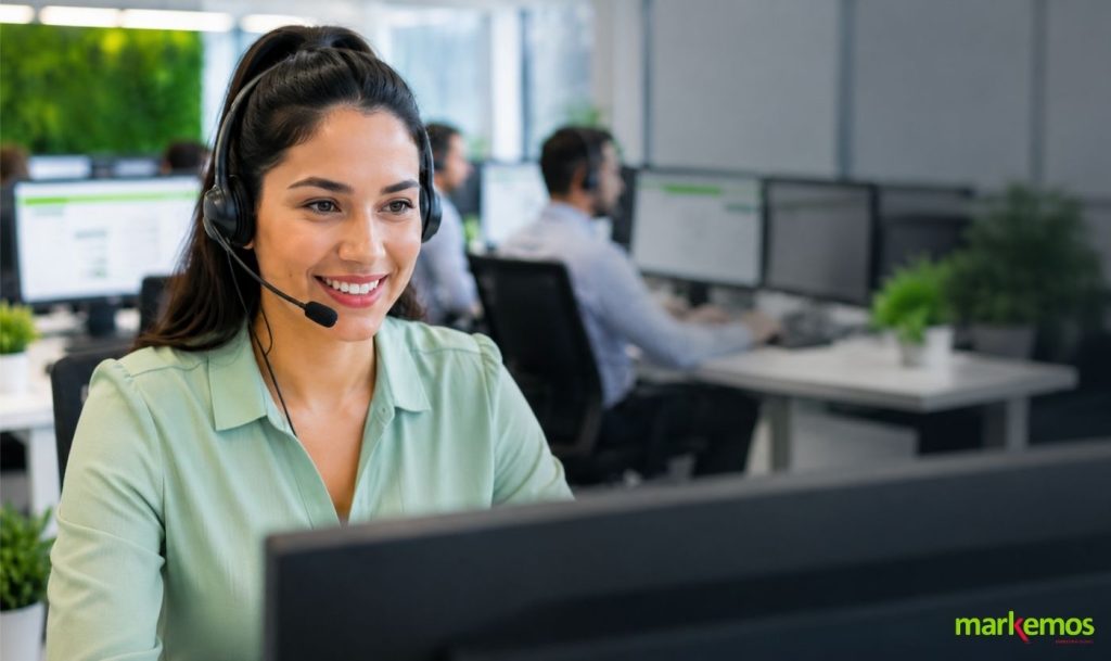 Agente de contact center atendiendo una llamada en un entorno profesional de atención al cliente.