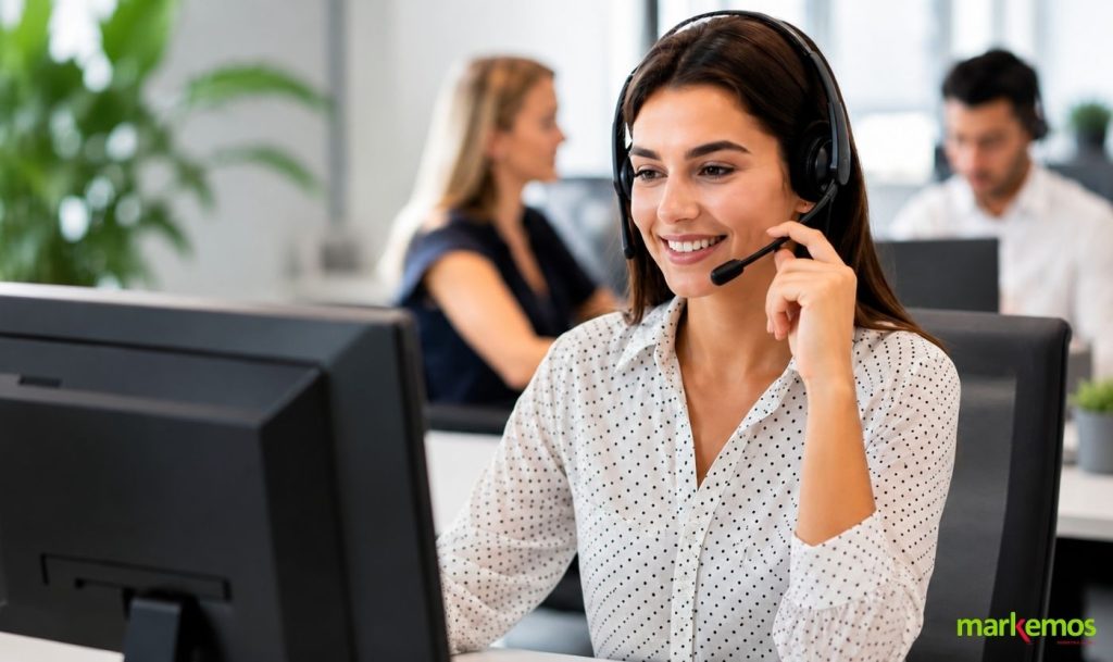 Profesional de atención telefónica gestionando consultas de asistentes para eventos en una oficina moderna.