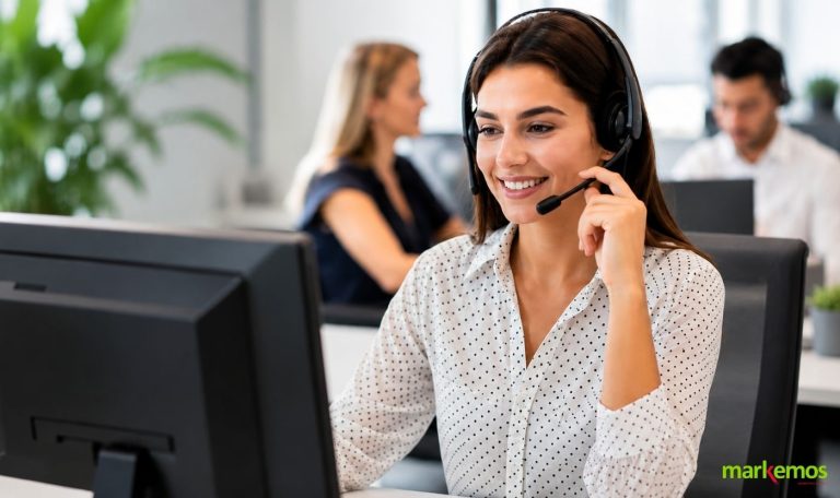 Profesional de atención telefónica gestionando consultas de asistentes para eventos en una oficina moderna.