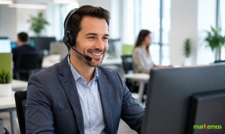 Profesional de atención al cliente telefónica atendiendo una llamada en una oficina moderna de contact center Córdoba.