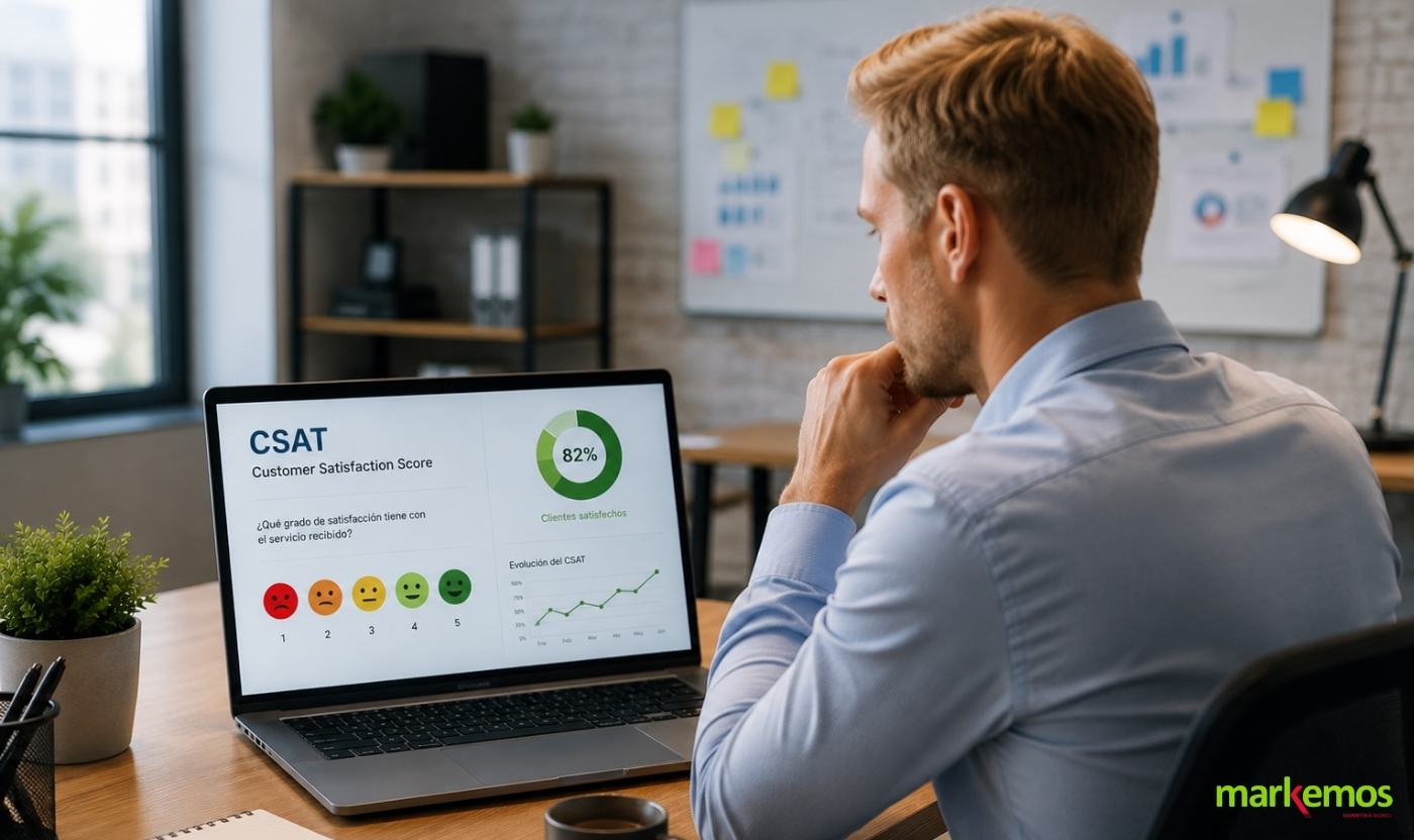 Profesional analizando métricas CSAT de satisfacción del cliente en un entorno de oficina