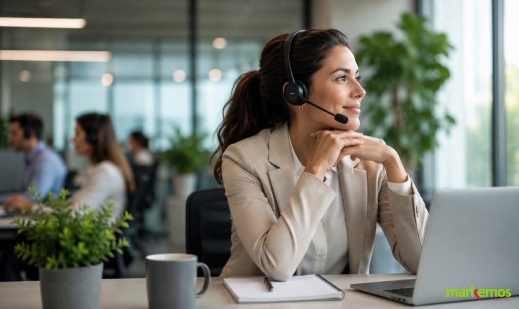 Agente de contact center con auriculares en una oficina moderna.