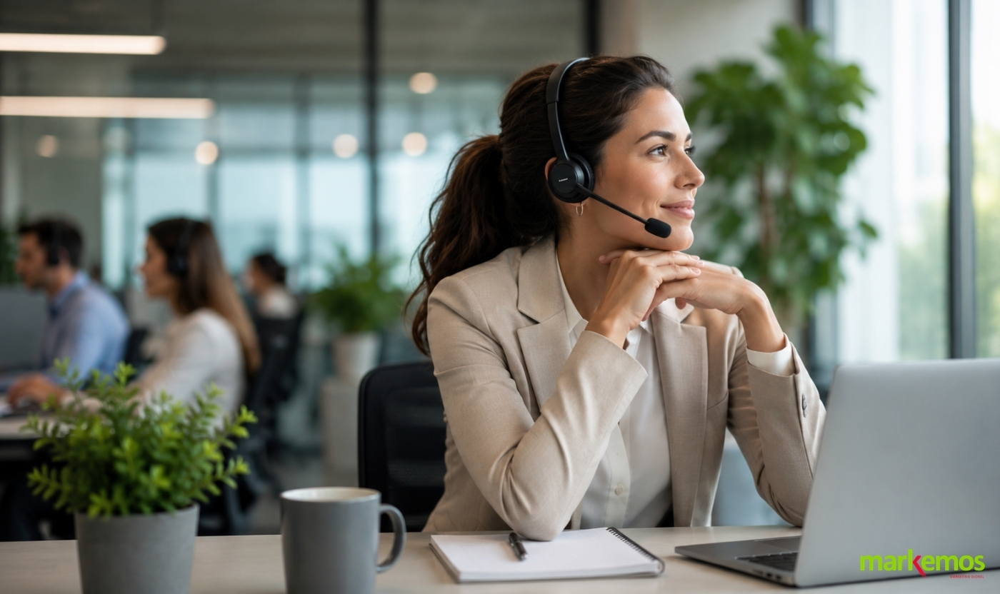 Agente de contact center con auriculares en una oficina moderna.