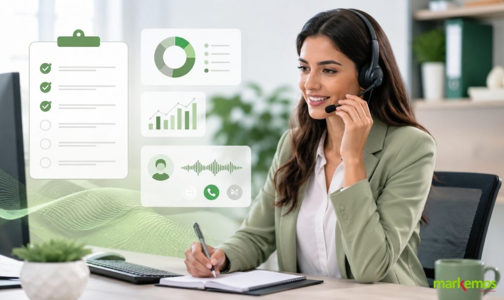 Agente realizando encuestas telefónicas con gráficos de datos y cuestionario digital en un entorno de oficina.