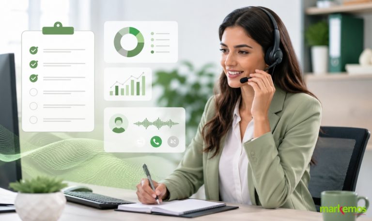 Agente realizando encuestas telefónicas con gráficos de datos y cuestionario digital en un entorno de oficina.