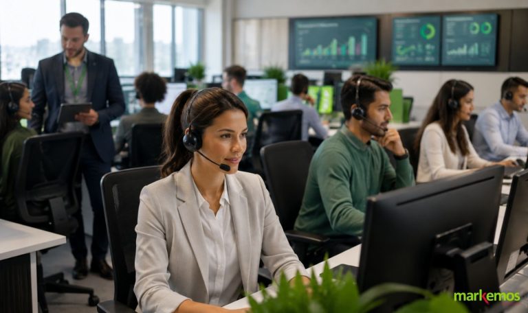 Equipo de contact center gestionando un alto volumen de llamadas en una oficina moderna.