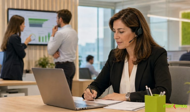 Profesional gestionando una campaña de telemarketing para empresas en un contact center.