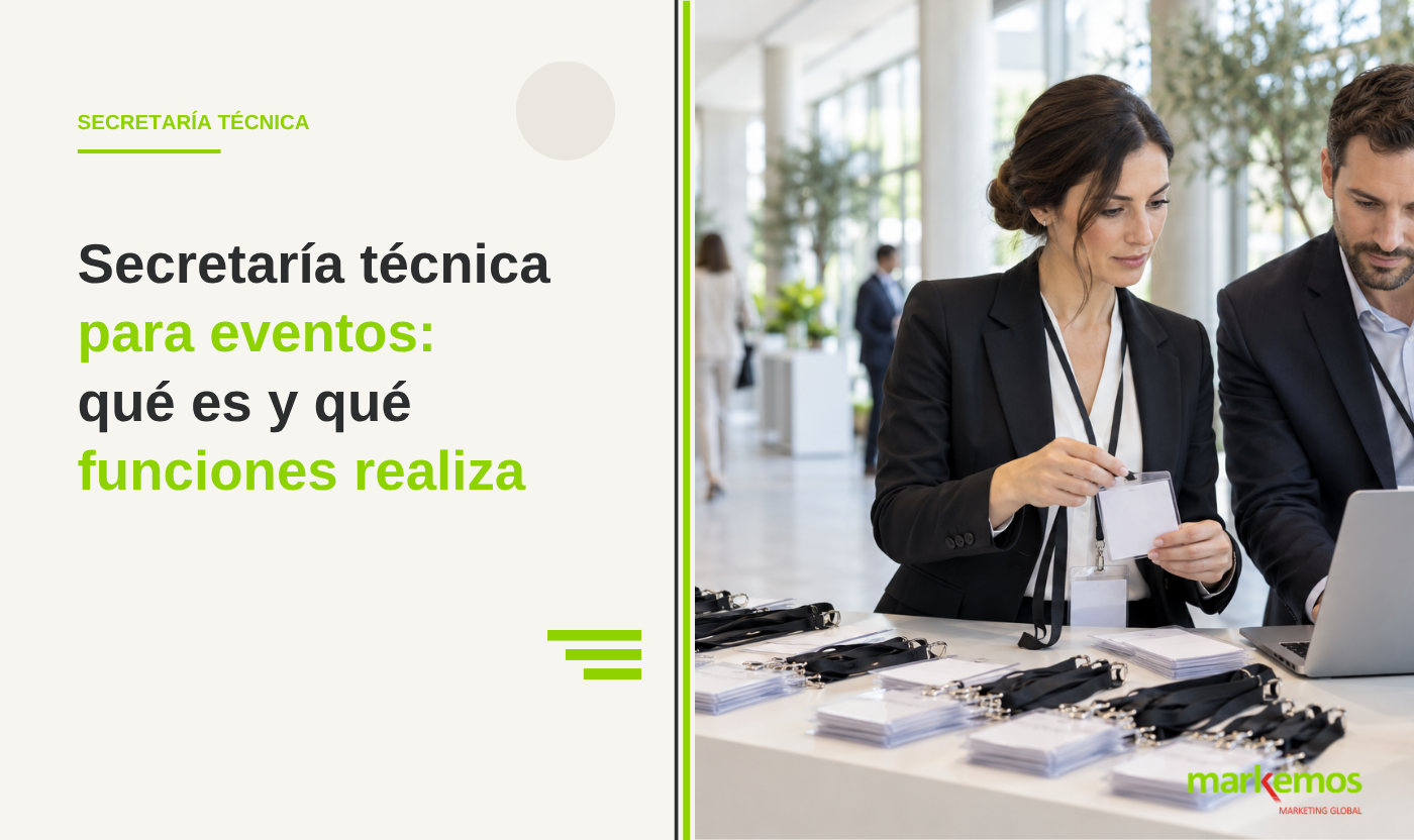 Equipo de secretaría técnica preparando acreditaciones y gestionando asistentes para un evento.